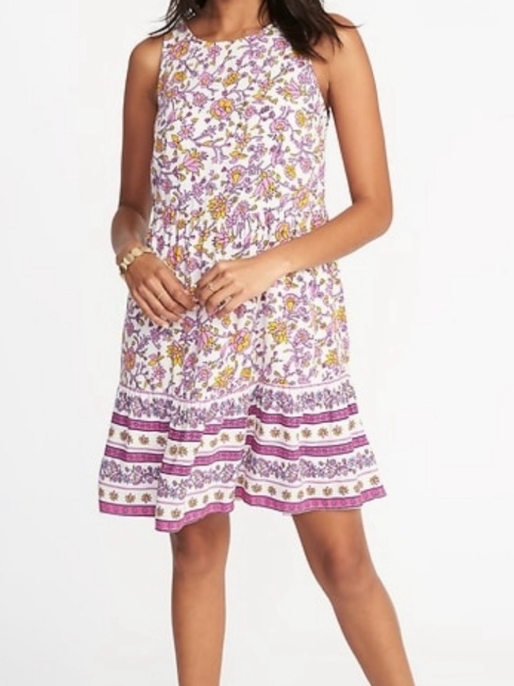 Old Navy Floral Tiered Sleeveless Mini Dress in White, Purple, Yellow
